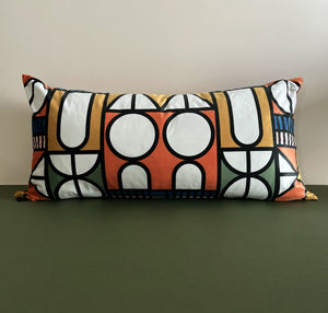 Multi-coloured 45cm x 90cm velvet geometric decorative pattern Lumbar pillow for bedroom, bold shapes, plain matching background 