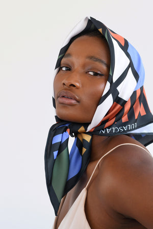 Ladies fashion accessory square silk scarf, multi-coloured geometric design. 60cmx60cm