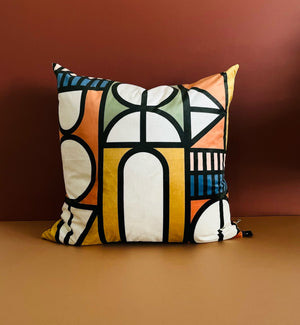 Colourful velvet 60cm x 60cm geometric decorative scatter cushion for bedroom and living room. 