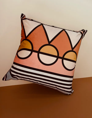 Orange, peach velvet 60cm x 60cm geometric decorative scatter cushion with circle and triangle pattern and plain matching background for bedroom and living room.
