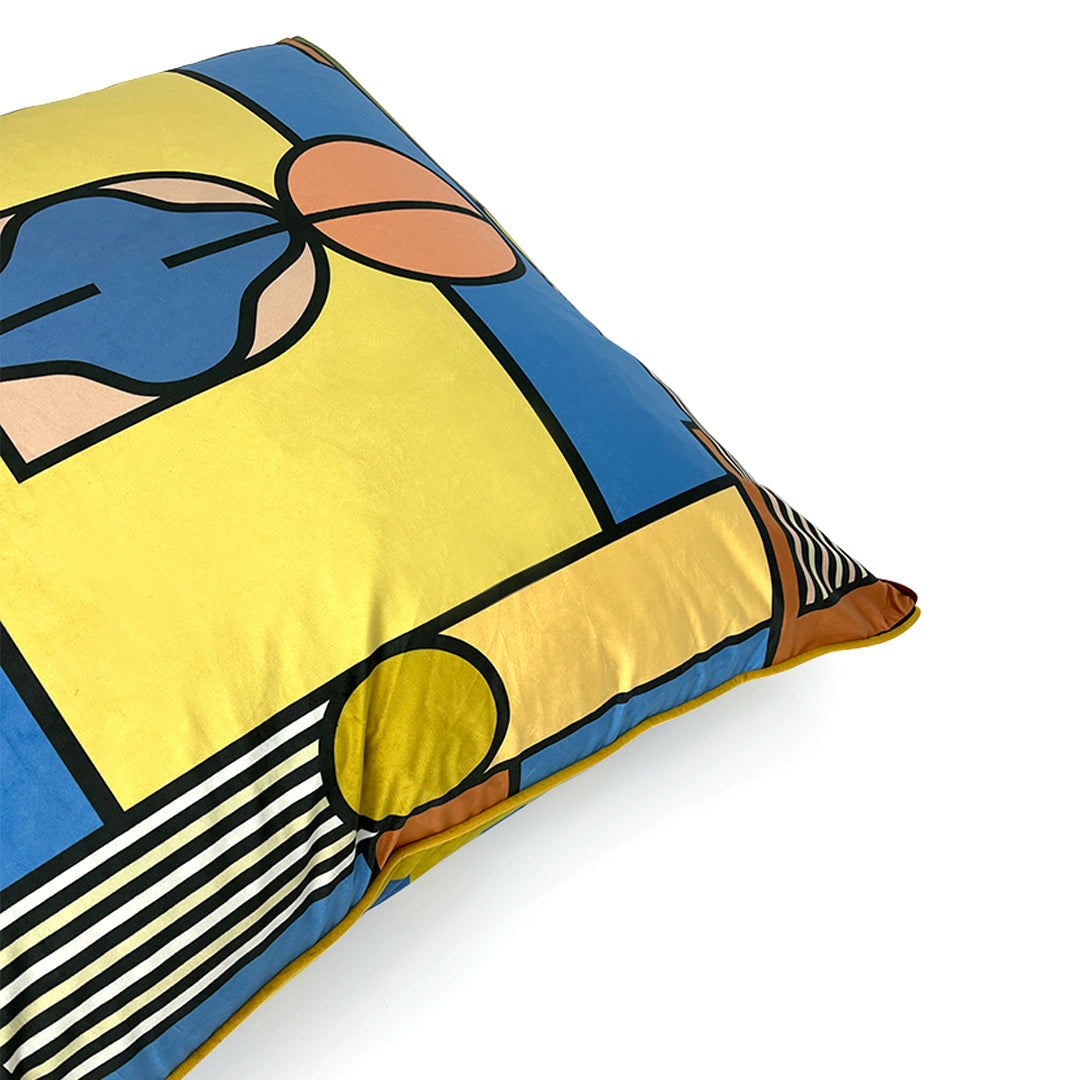 Colorful velvet abstract-patterned floor pillow on a white background for Home decor and meditation.