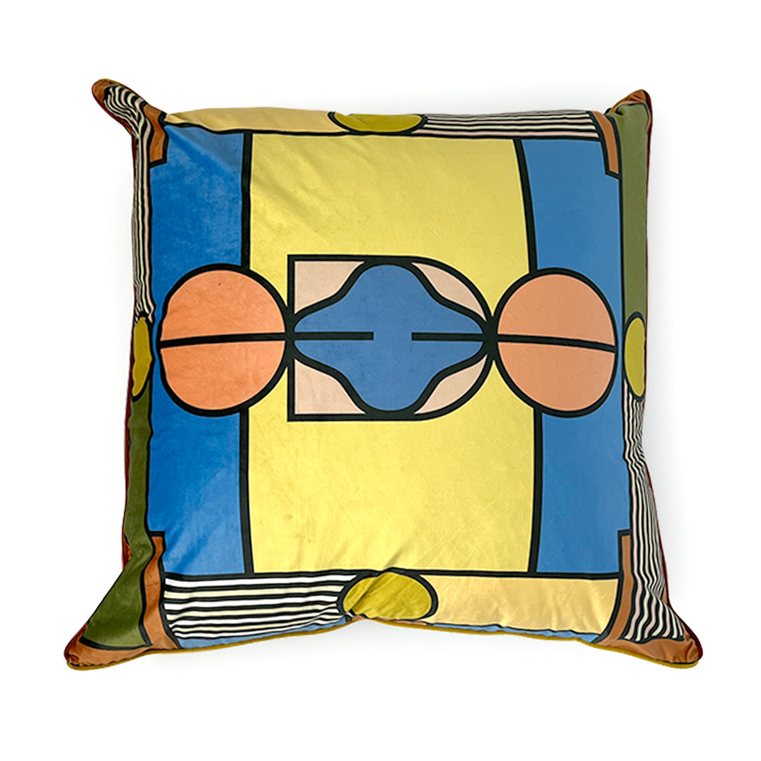 Velvet Decorative pillow with abstract design on a white background top view for meditation and home decor.