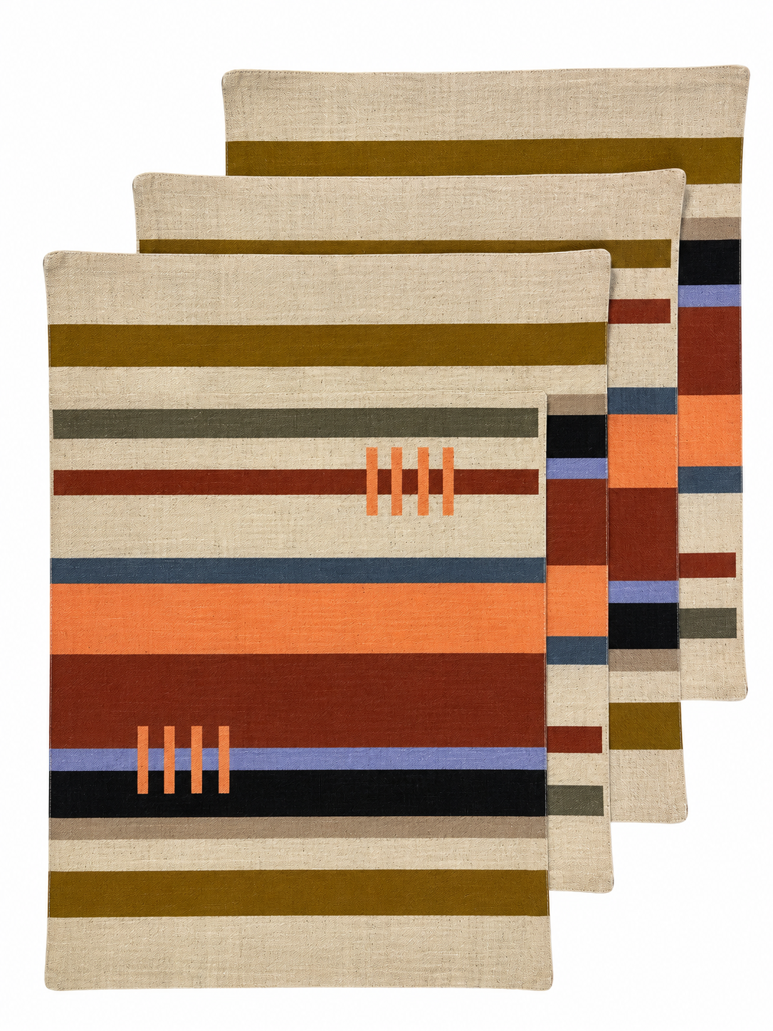 Four Lulasclan Designer digitally printed rectangular placemats with horizontal stripes in beige, olive green, rust red, orange, blue, black, and brown, arranged overlapping on a white background.