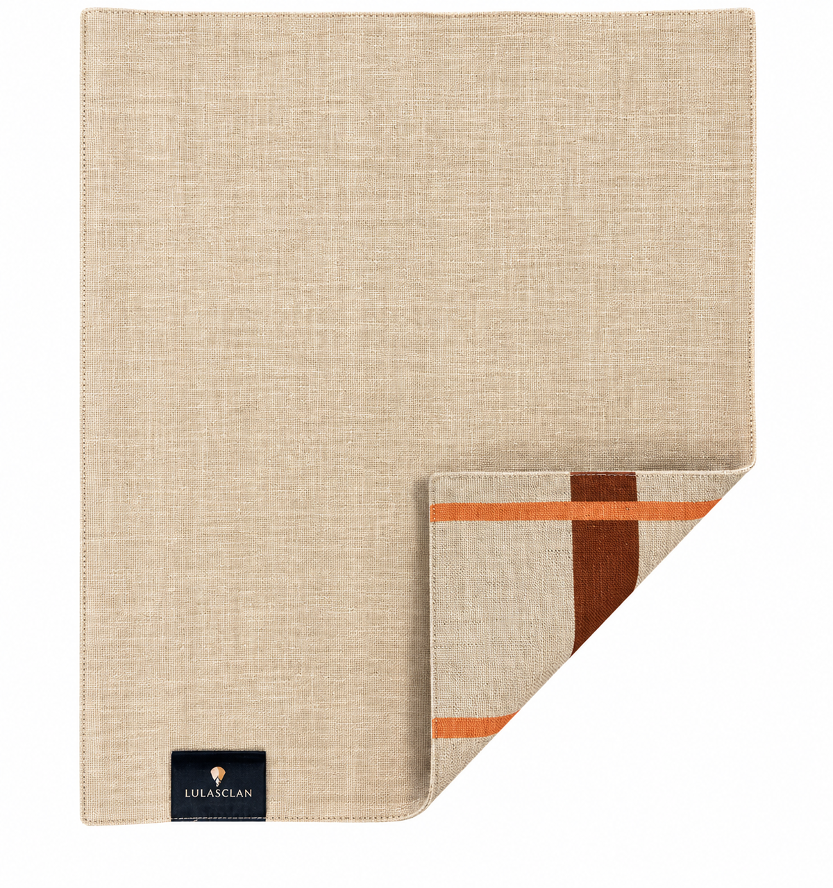 A Fields designer placemats by Lulasclan shows a ramie cotton base material of the placement set against a white background . The front design features rust brown horizontal stripes, bright orange vertical stripes, and small blue and ochre square accents.