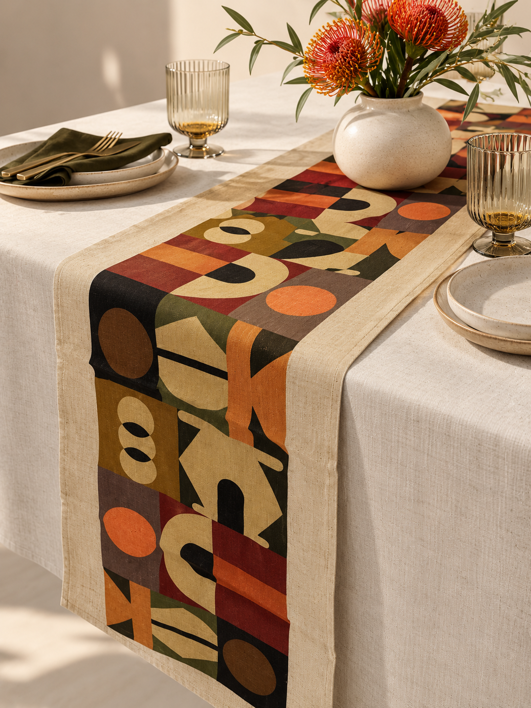 The Gathering patterned linen tablecloth by Lulasclan styled on a dining table.
Close-up of The Gathering African-inspired geometric textile design. Lulasclan designer tablecloth styled for a contemporary dining setting.