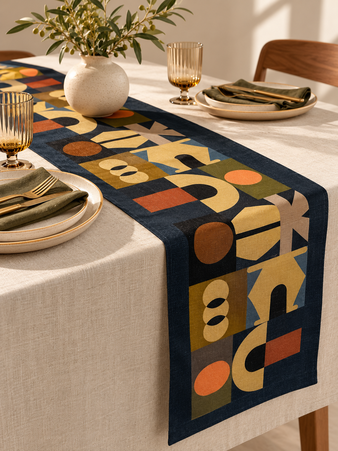 The Gathering patterned linen tablecloth by Lulasclan styled on a dining table. Close-up of The Gathering African-inspired geometric textile design.
