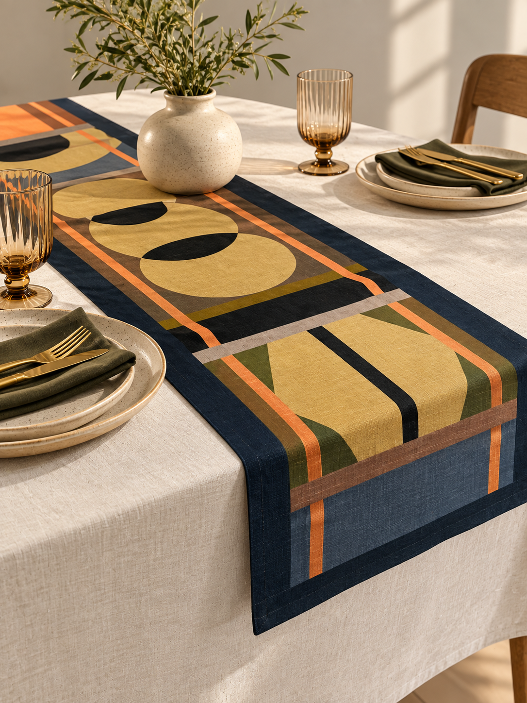 Lulasclan design table runner The Gathering in Navy Blue and Tangerine is placed on an off white linen draped table, with cutlery and gold glasses placed beside the runner, a vase with dry green foliage is the centerpiece . The design features geometric symbols in it's center in a dark beige set on colour, dark green, pale blue and browns make the design and is complimented by horizontal tangerine lines that frame the design borders. 