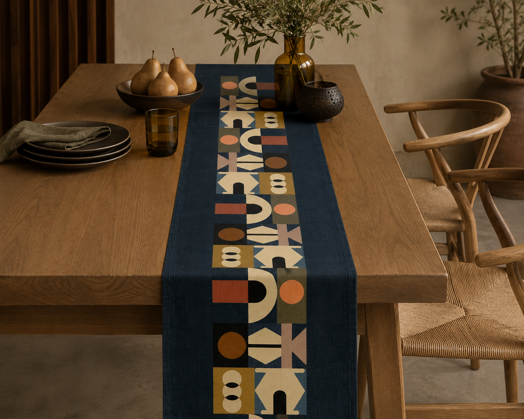 Lulasclan  The Gathering Designer Table runner navy blue runner rug with a vertical geometric pattern of beige, brown, and terracotta shapes, laid flat on a light brown wooden floor with decorative plants and fruit in the background.