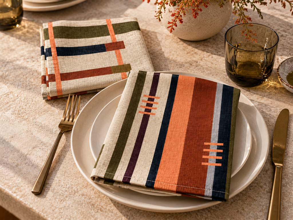 Two striped  Lulasclan designer linen napkins with a african -inspired geometric pattern are styled on a beige tablecloth with white plates, gold-toned cutlery, and a small vase of flowers.