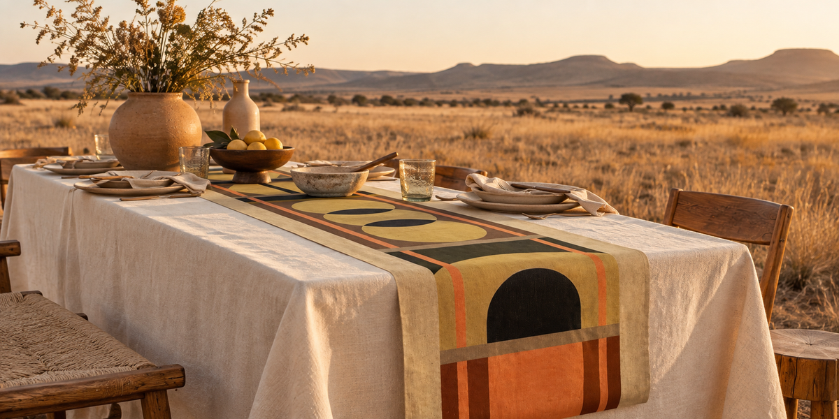 Lulasclan Designer patterned table runner with 100% Linen & cotton base features geometric symbols and motives in tan, tangerine and deep terracotta, strips cover the design's borders and is placed on a table draped with a linen off white fabric set against an open field, ornaments and cutlery are placed on the table with a round vase and dry plants as a center piece.