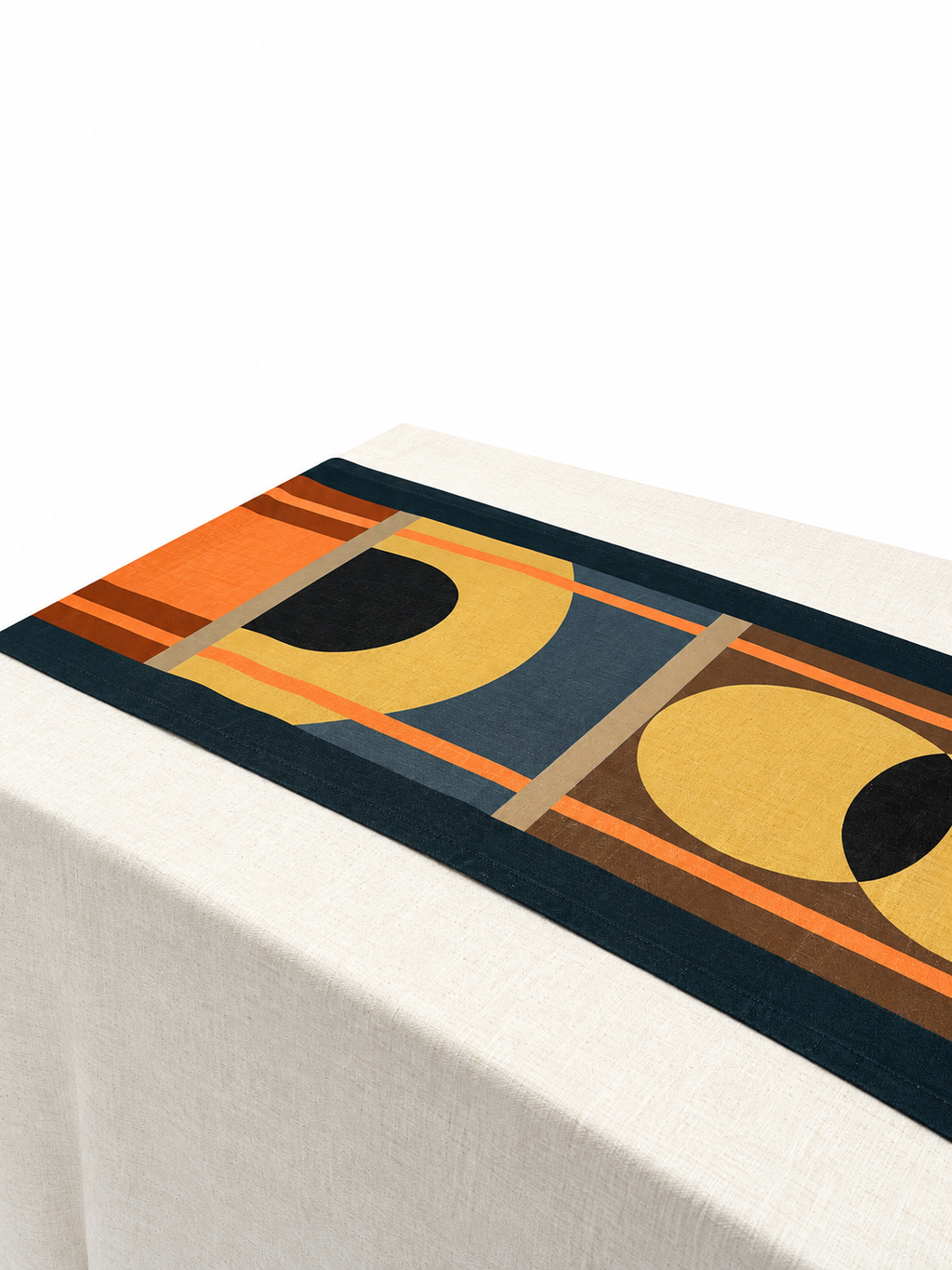Lulasclan design table runner The Gathering in Navy Blue and Tangerine is placed at an angel on an off white linen draped table. The design is cropped and features geometric symbols in it's center in terracotta, navy pale blue and brown . The design  is complimented by horizontal tangerine lines that frame the design borders. 