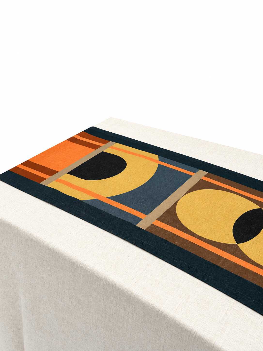 Lulasclan design table runner The Gathering in Navy Blue and Tangerine is placed at an angel on an off white linen draped table. The design is cropped and features geometric symbols in it's center in terracotta, navy pale blue and brown . The design  is complimented by horizontal tangerine lines that frame the design borders. 