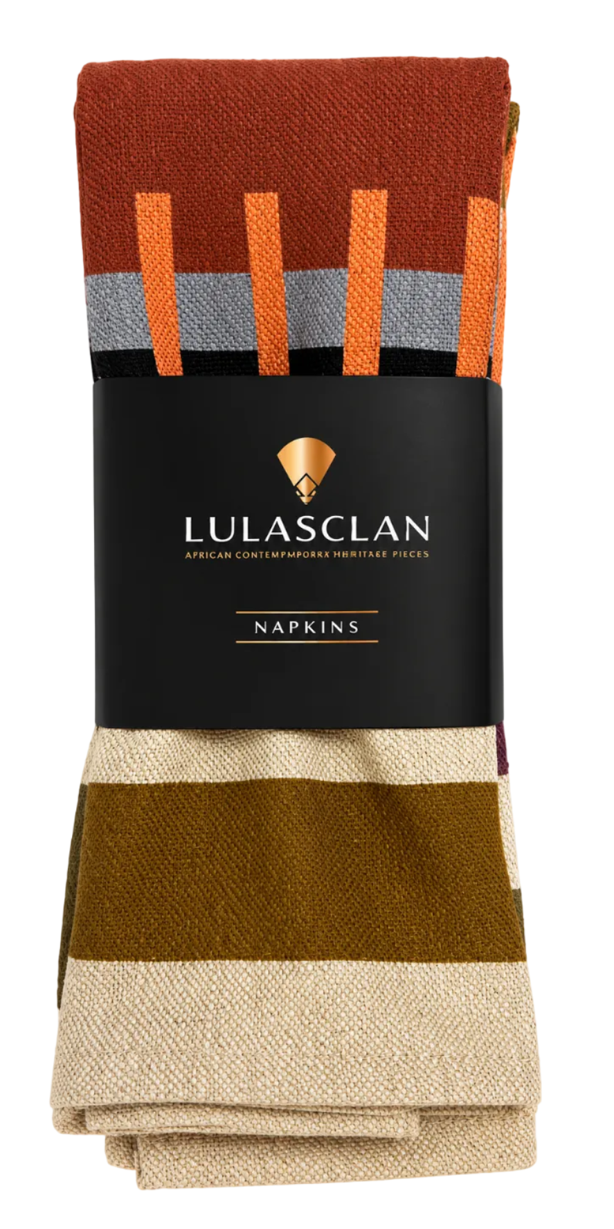 A set of folded Lulasclan napkins wrapped in a black paper band, featuring a multicolor pattern of rust red, orange, gray, black, and beige stripes.