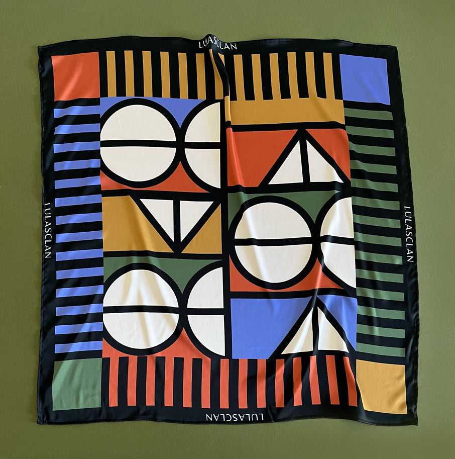 Ladies fashion accessory square silk scarf, multi-coloured geometric design. 60cmx60cm