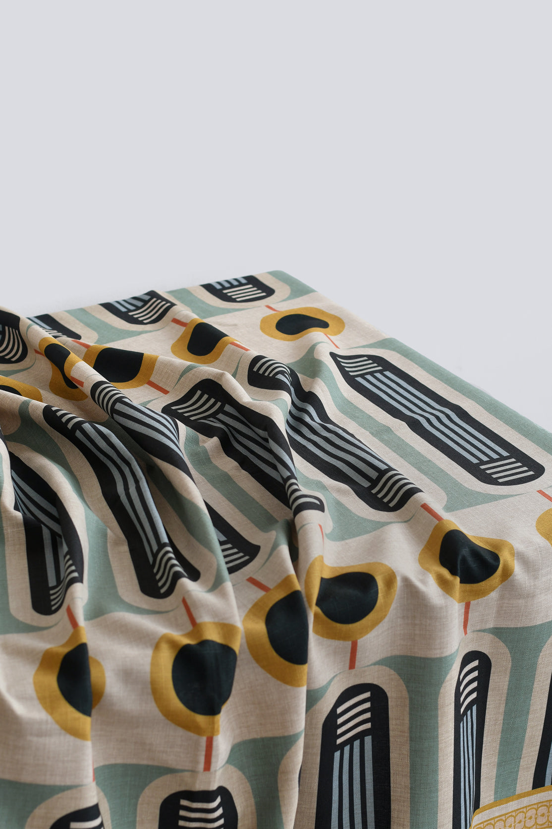 patterned linen table cloth with a closeup of the print